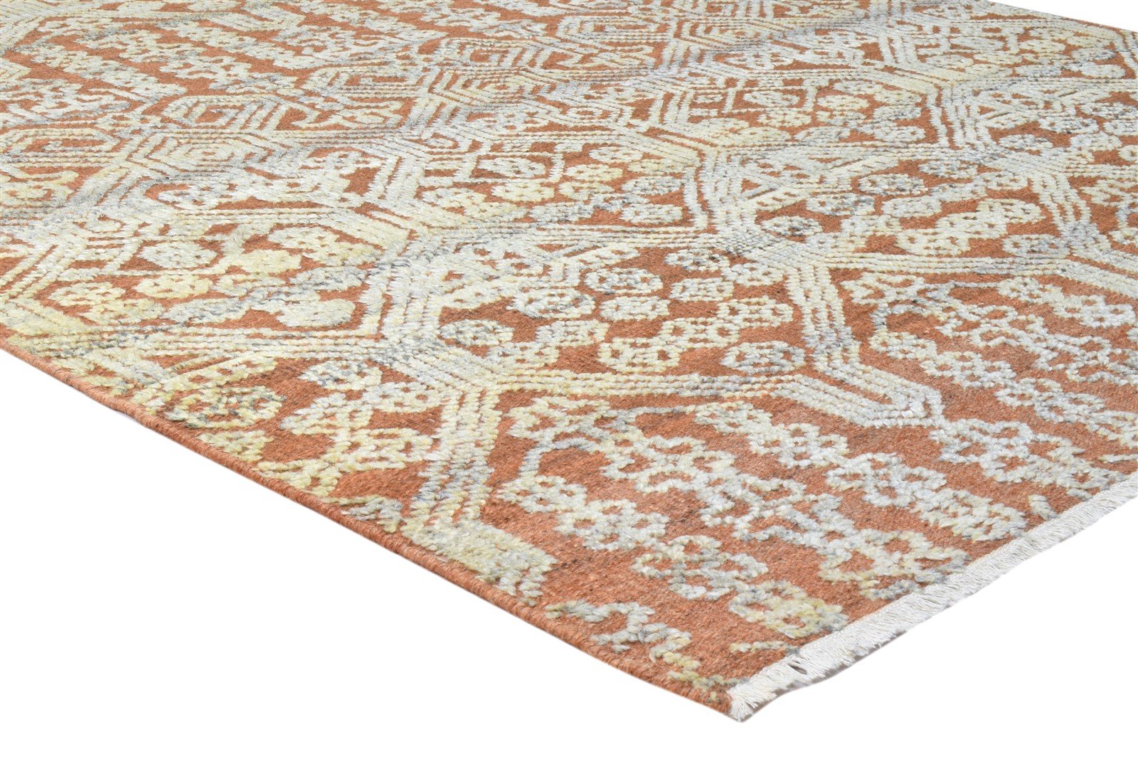 6X9 Rug Wool Silk Rust Transitional Hand Knotted Indian Floral Room Size Carpet 7864081907861