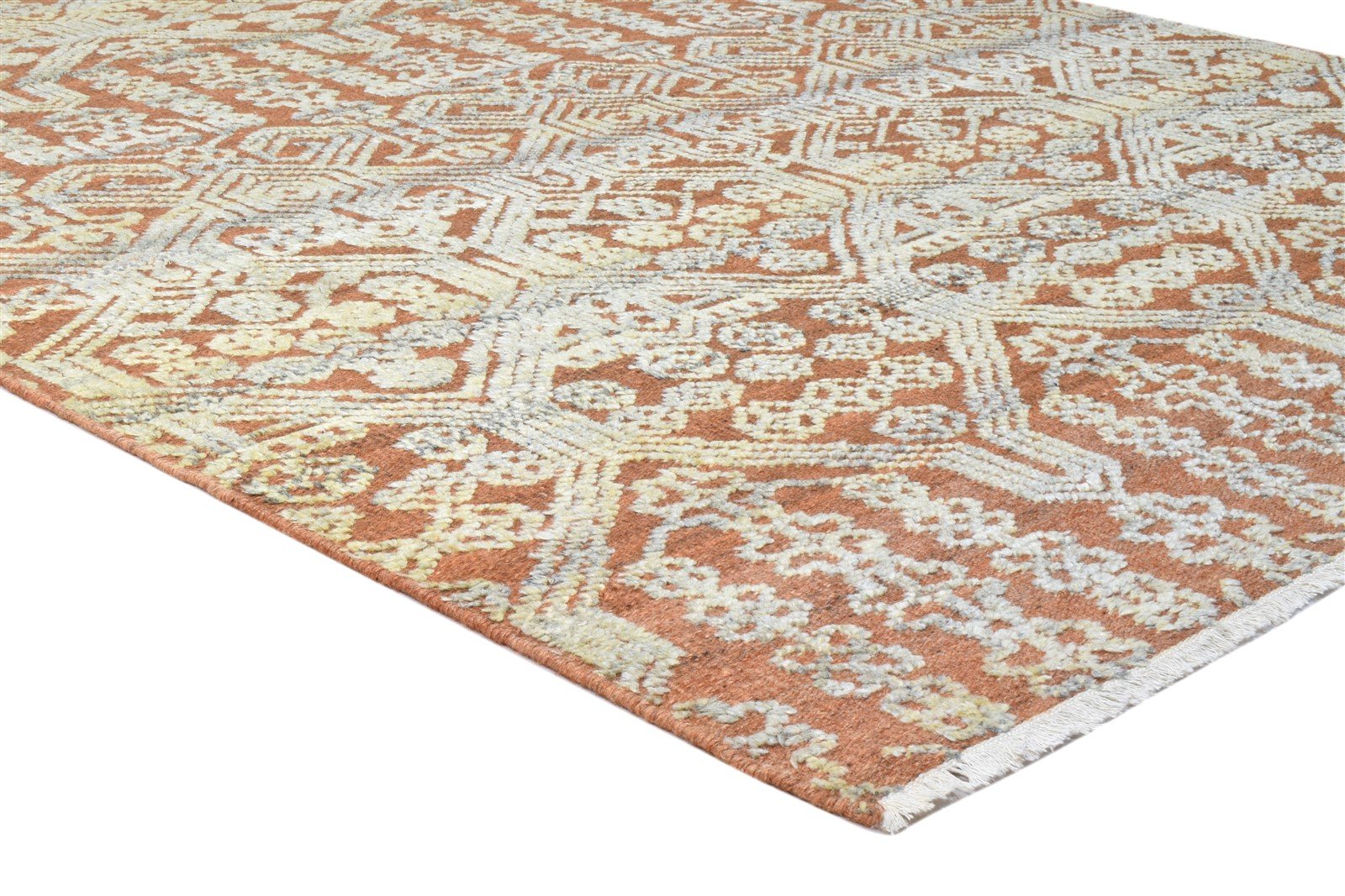 6X9 Rug Wool Silk Rust Transitional Hand Knotted Indian Floral Room Size Carpet 7864081907861
