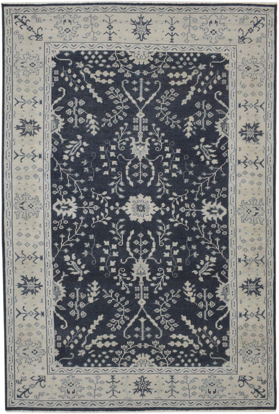Hand Knotted Black Wool Rug 6X8 Persian Sarouk-Indian Oriental Room Size Carpet Area Rug