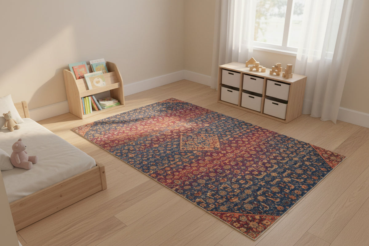 Amaris Handmade Vintage Blue Nursery Rug – Jewel-Toned Distressed Medallion 9125616615573