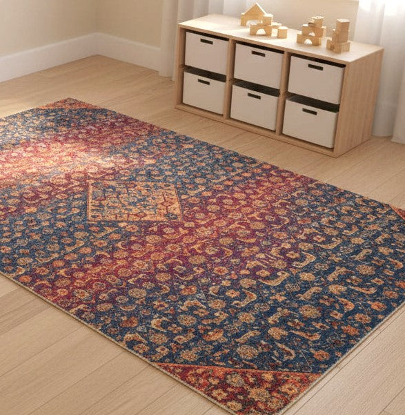 Amaris Handmade Vintage Blue Nursery Rug – Jewel-Toned Distressed Medallion 9125616615573