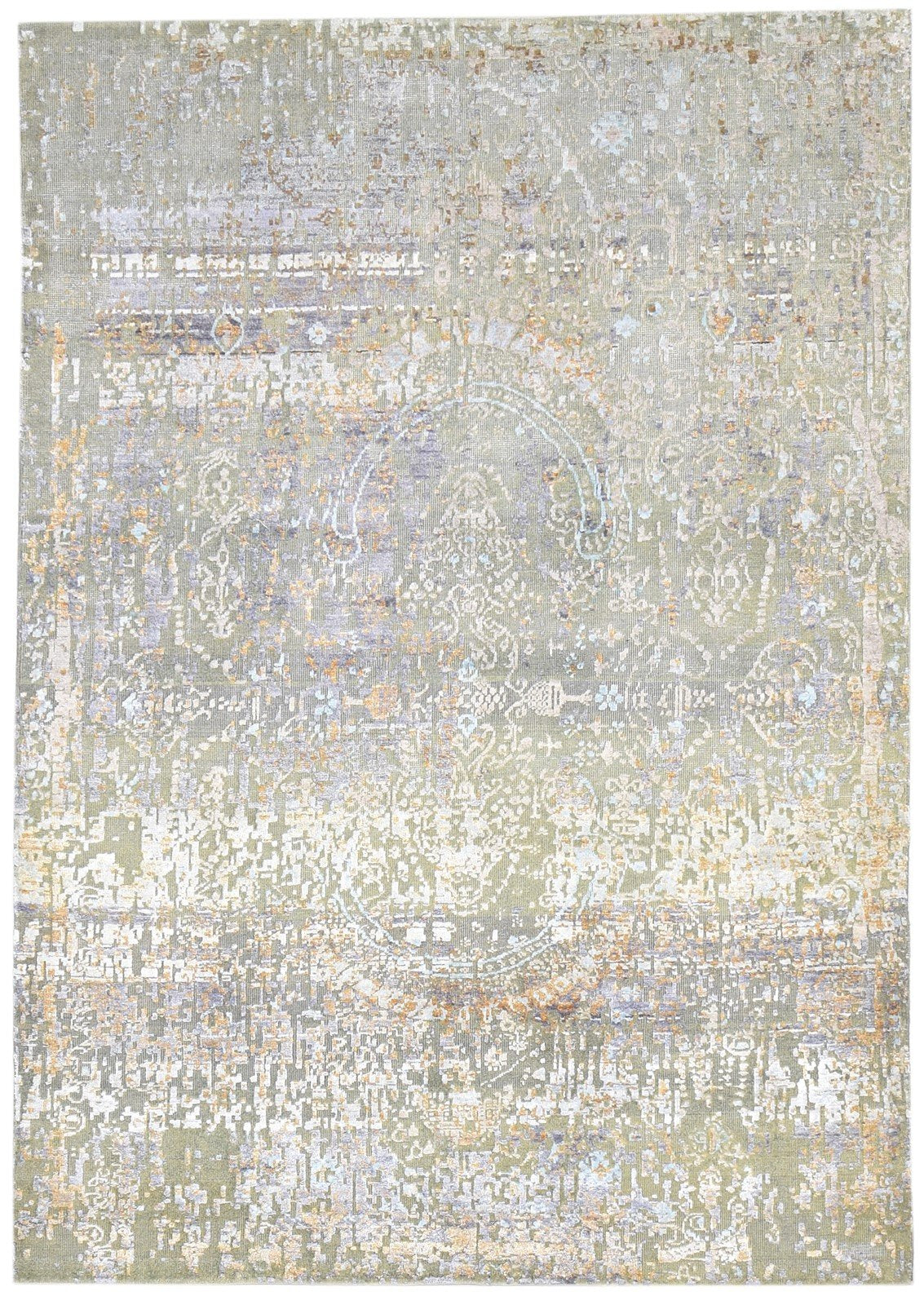 Anderea Hand Knotted Sage Wool / Silk Rug 5X8 Modern French Abstract   7864429838485