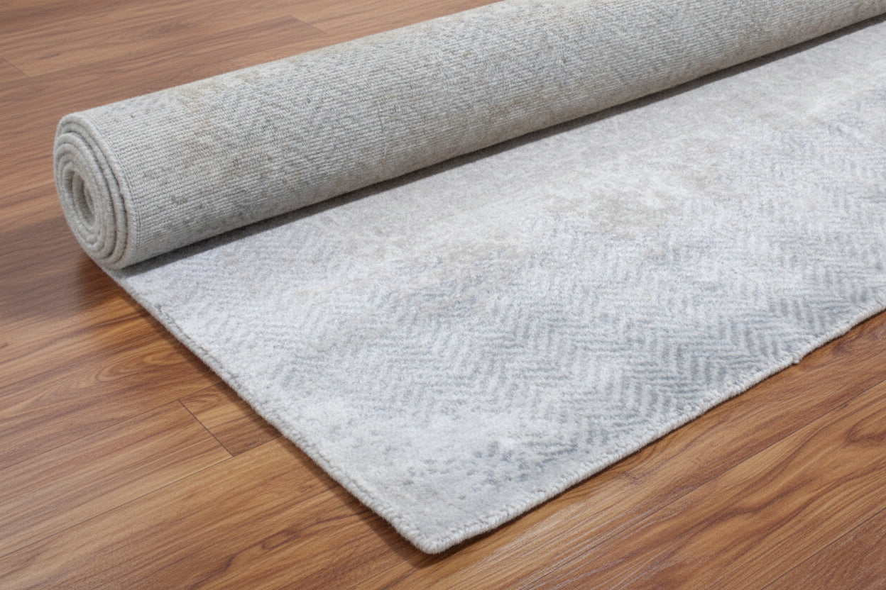 Ankar Handmade Abstract Loom Knotted Hand Woven Silk Like Wool Viscose Blue Beige Rug 9006301839509