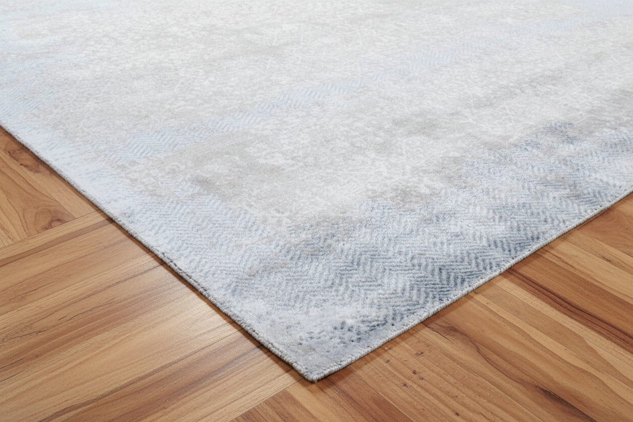 Ankar Handmade Abstract Loom Knotted Hand Woven Silk Like Wool Viscose Blue Beige Rug 9006301839509