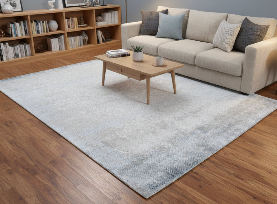 Ankar Handmade Abstract Loom Knotted Hand Woven Silk Like Wool Viscose Blue Beige Rug 9006301839509