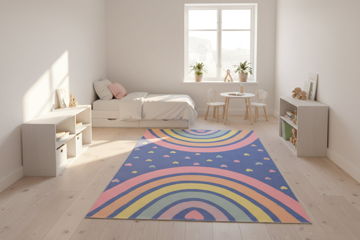 Anky Rainbow Navy Blue Handmade Kids Nursery Plush Soft Rug 9122581446805