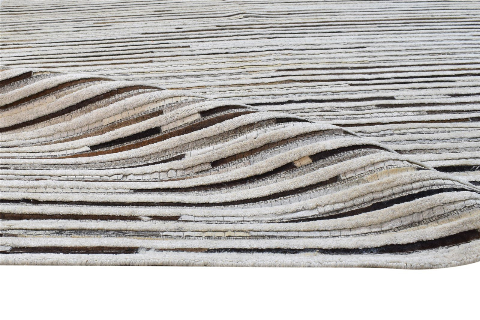 Beckie Leather Sand Ivory Striped Rug - Modern Handmade Patchwork Area Rug 7864164090005