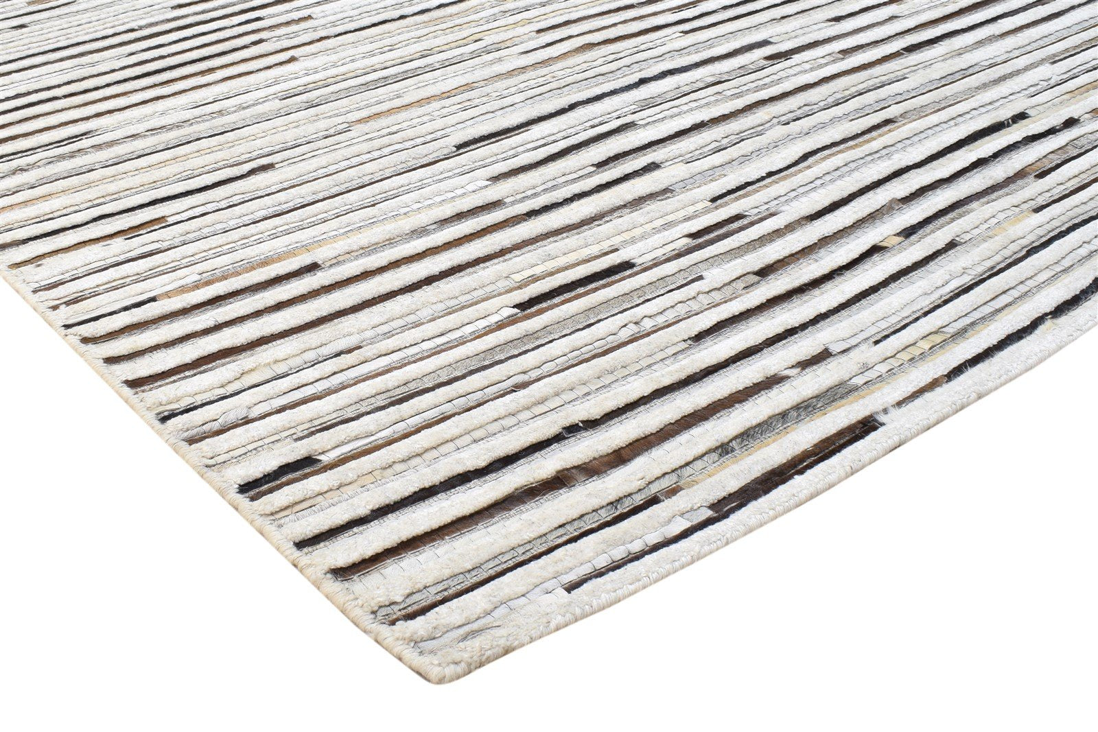 Beckie Leather Sand Ivory Striped Rug - Modern Handmade Patchwork Area Rug 7864164090005