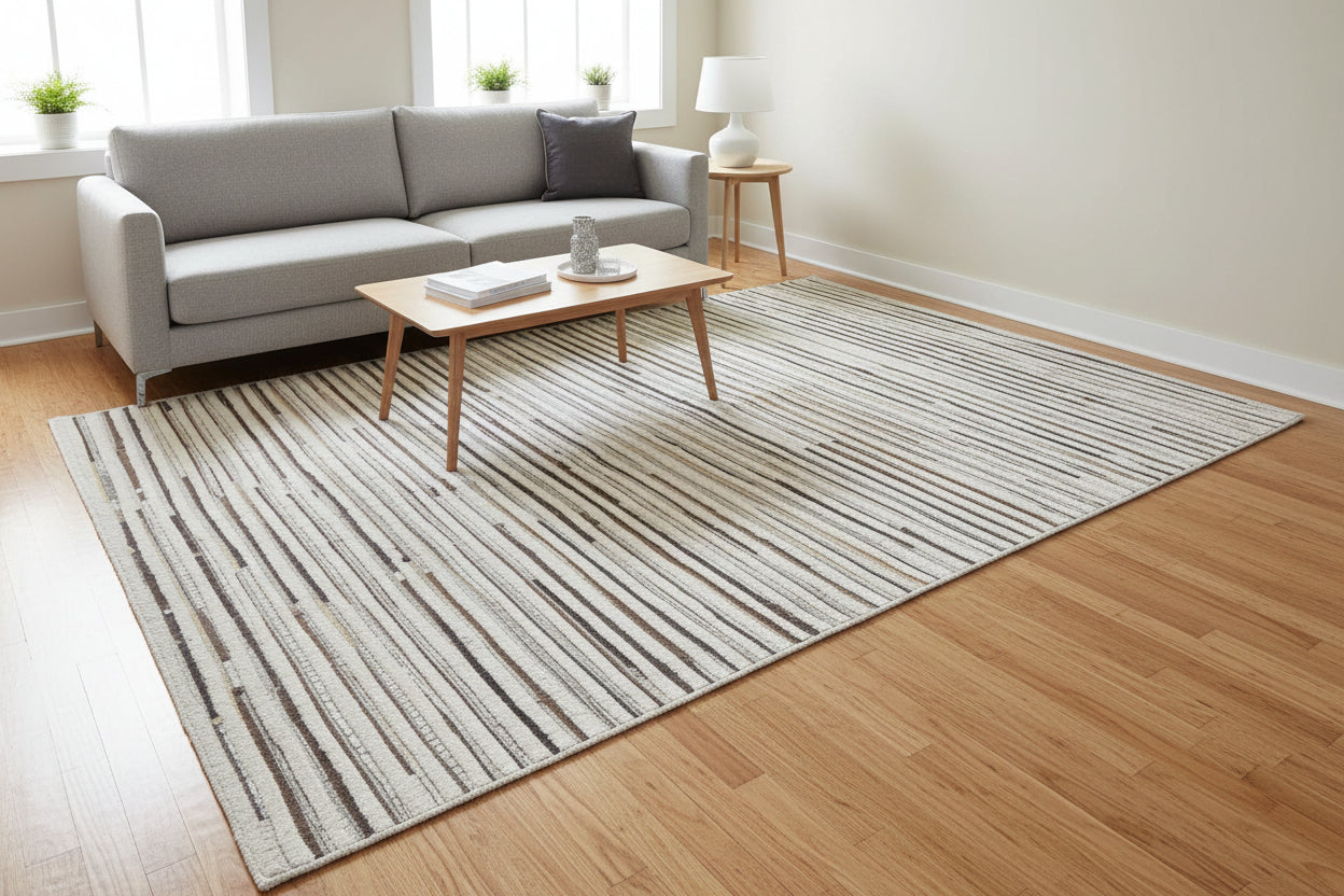 Beckie Leather Sand Ivory Striped Rug - Modern Handmade Patchwork Area Rug 7864164090005