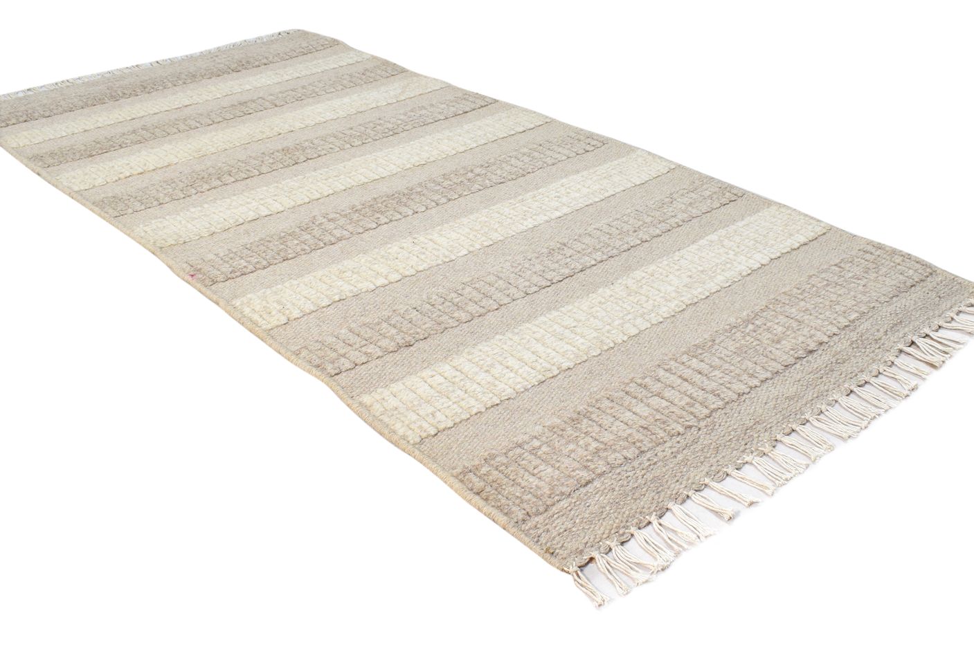 Beige Wool Rug 2' X 5' Modern Dhurrie Scandinavian Striped Small Carpet 7865081200789