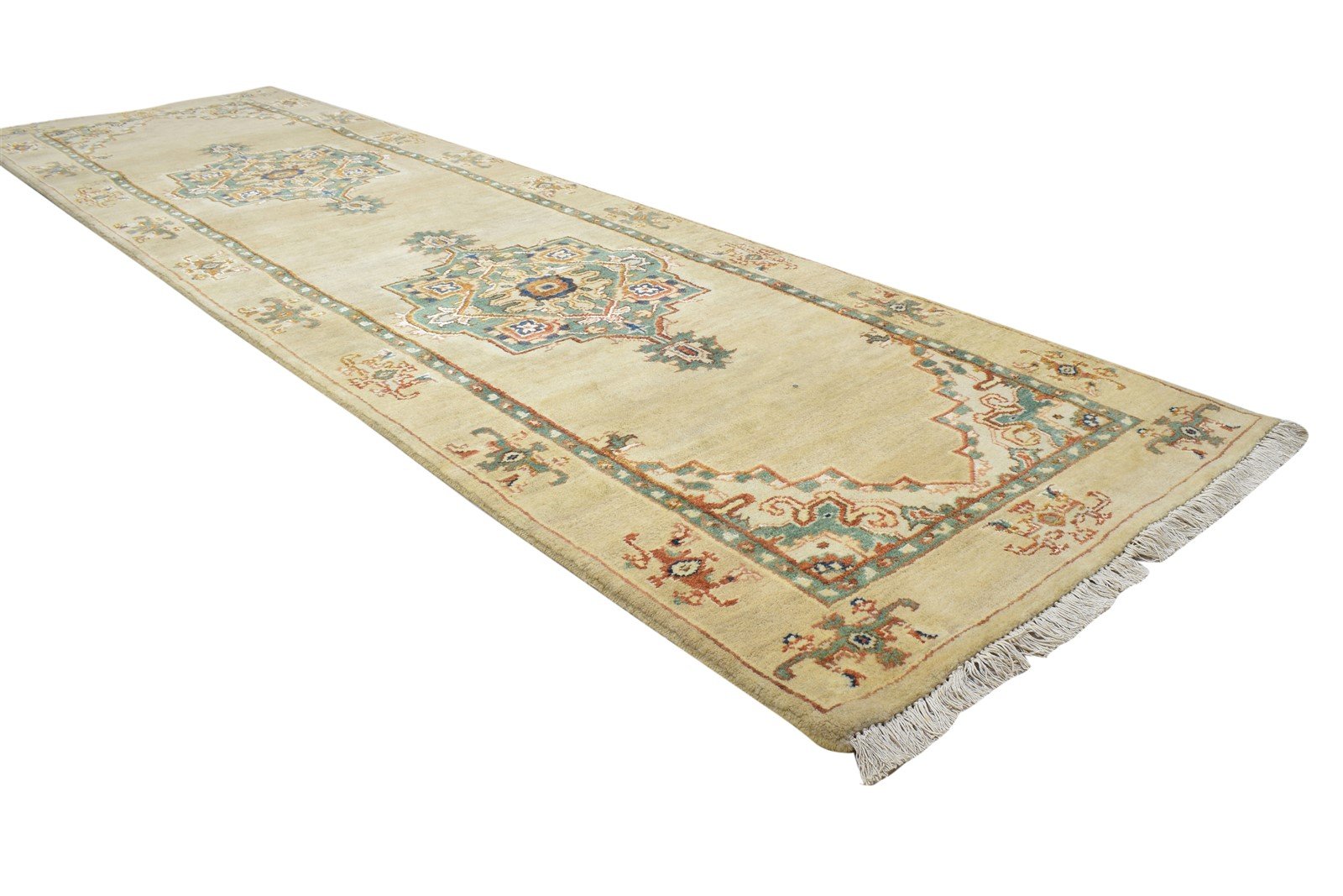 Beige Wool / Silk Rug 3' X 9' Persian Hand Knotted Oushak Oriental Small Runner 7864089116821