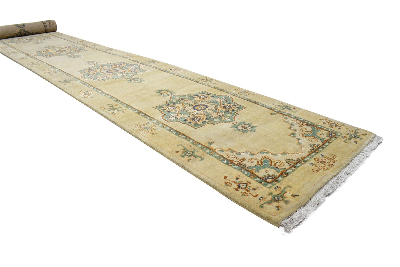 Beige Wool / Silk Rug 3X15 Persian Hand Knotted Oushak Oriental Small Runner 7864089542805