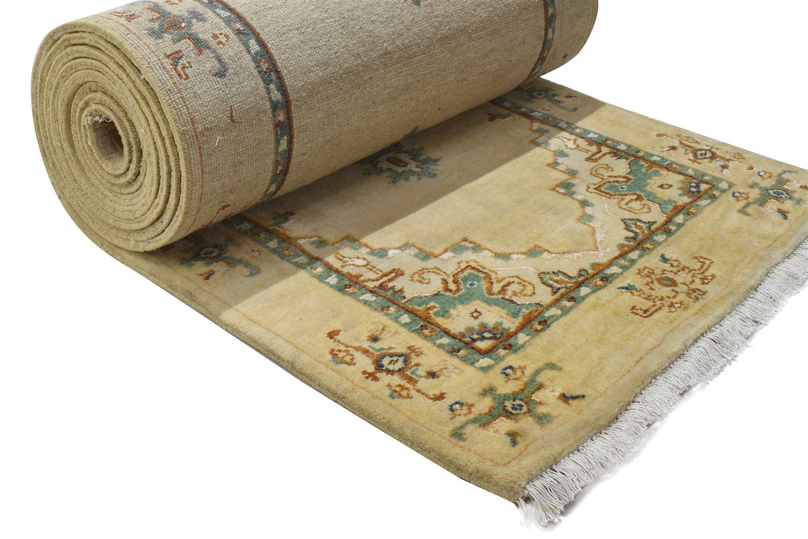 Beige Wool / Silk Rug 3X15 Persian Hand Knotted Oushak Oriental Small Runner 7864089542805