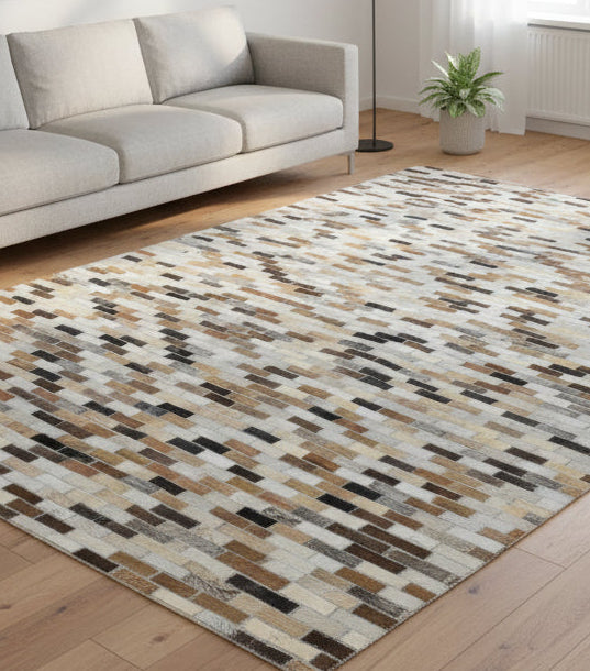 Biddy Handmade Leather Brown Rug - Modern Brick Patchwork Striped Area Rug 9065086484629