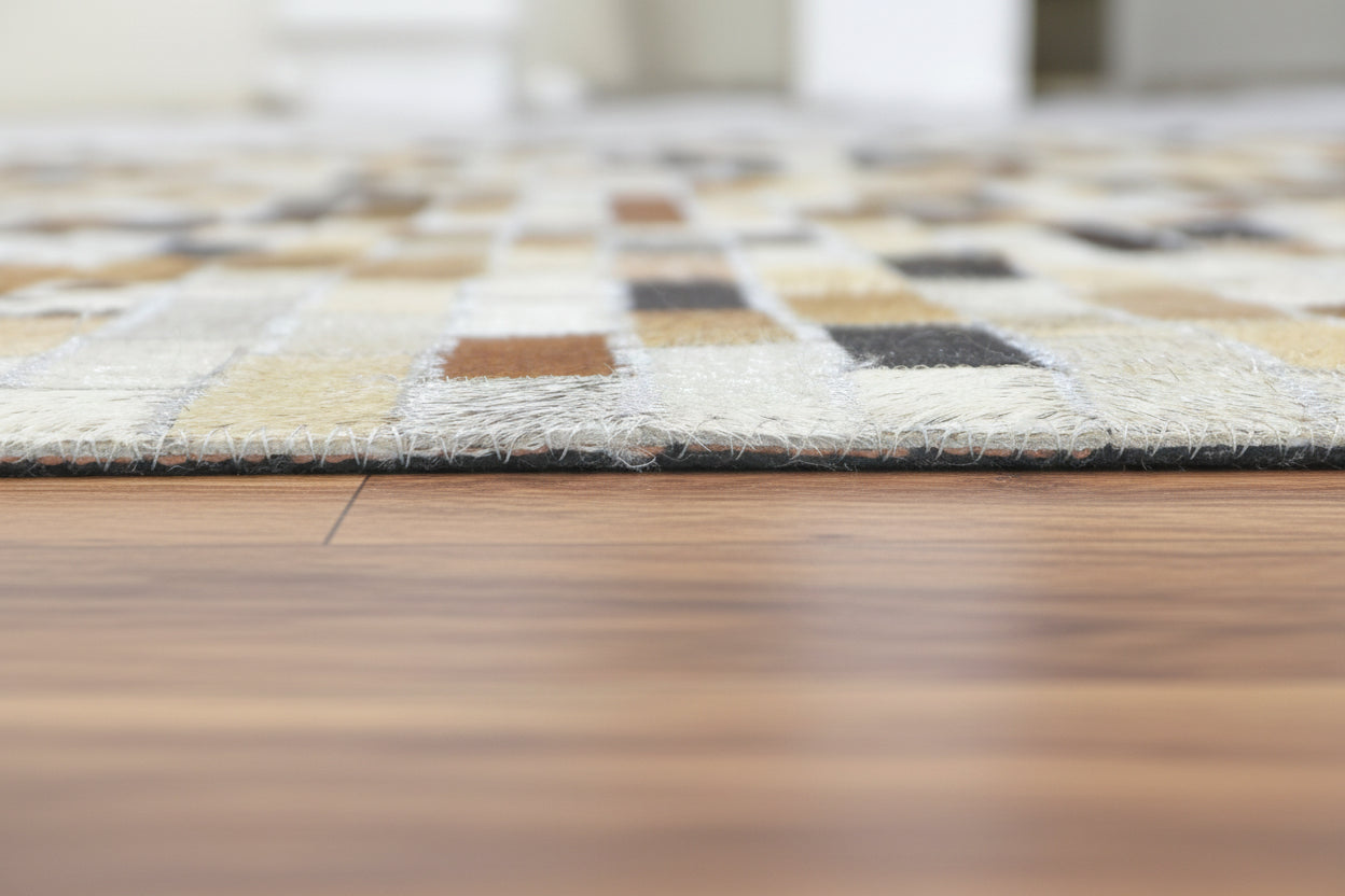 Biddy Handmade Leather Brown Rug - Modern Brick Patchwork Striped Area Rug 9065086484629