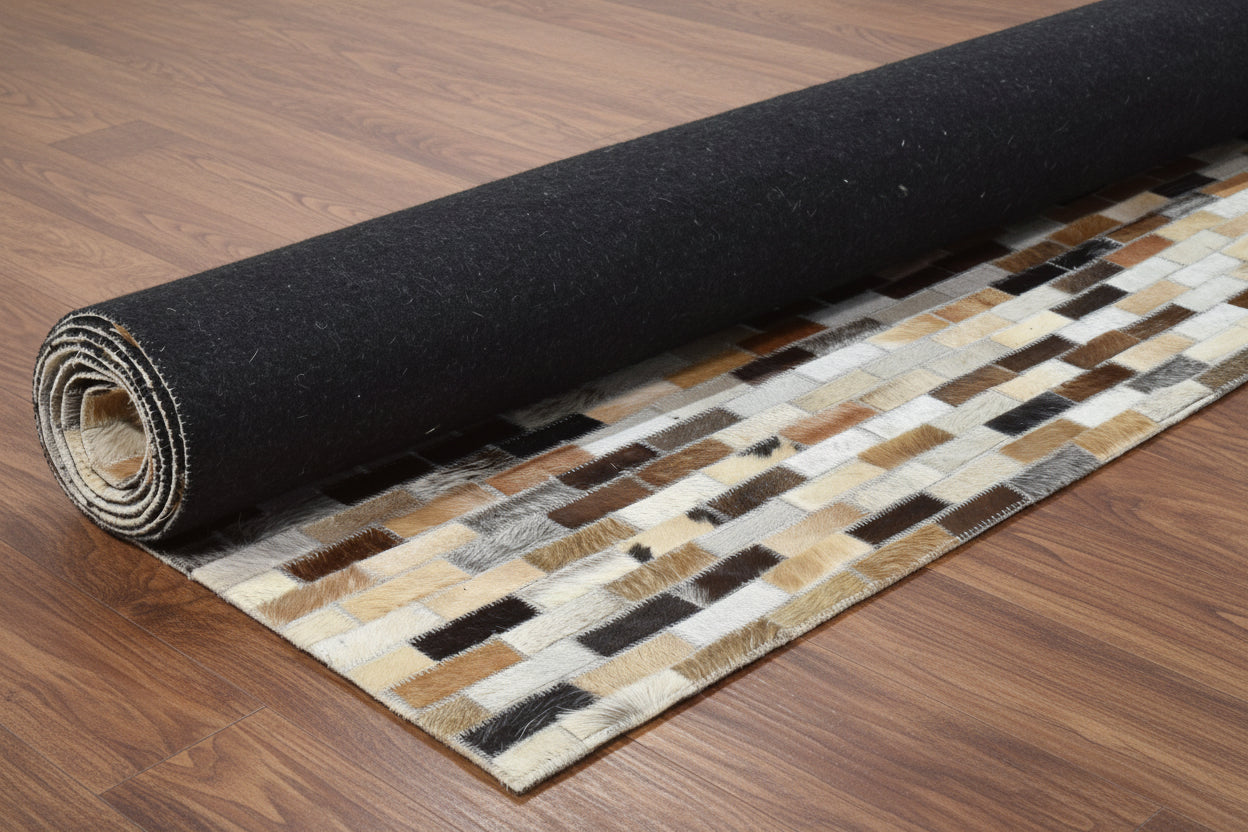 Biddy Handmade Leather Brown Rug - Modern Brick Patchwork Striped Area Rug 9065086484629