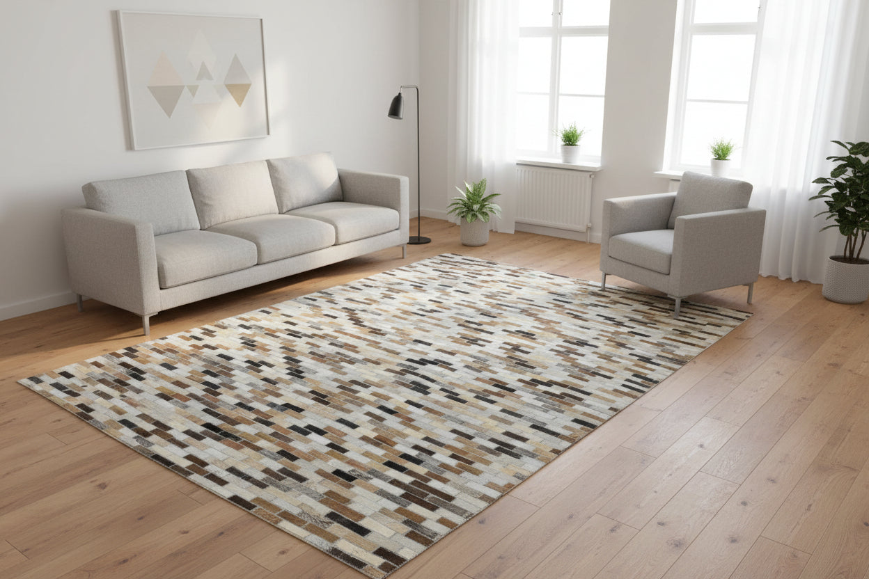 Biddy Handmade Leather Brown Rug - Modern Brick Patchwork Striped Area Rug 9065086484629