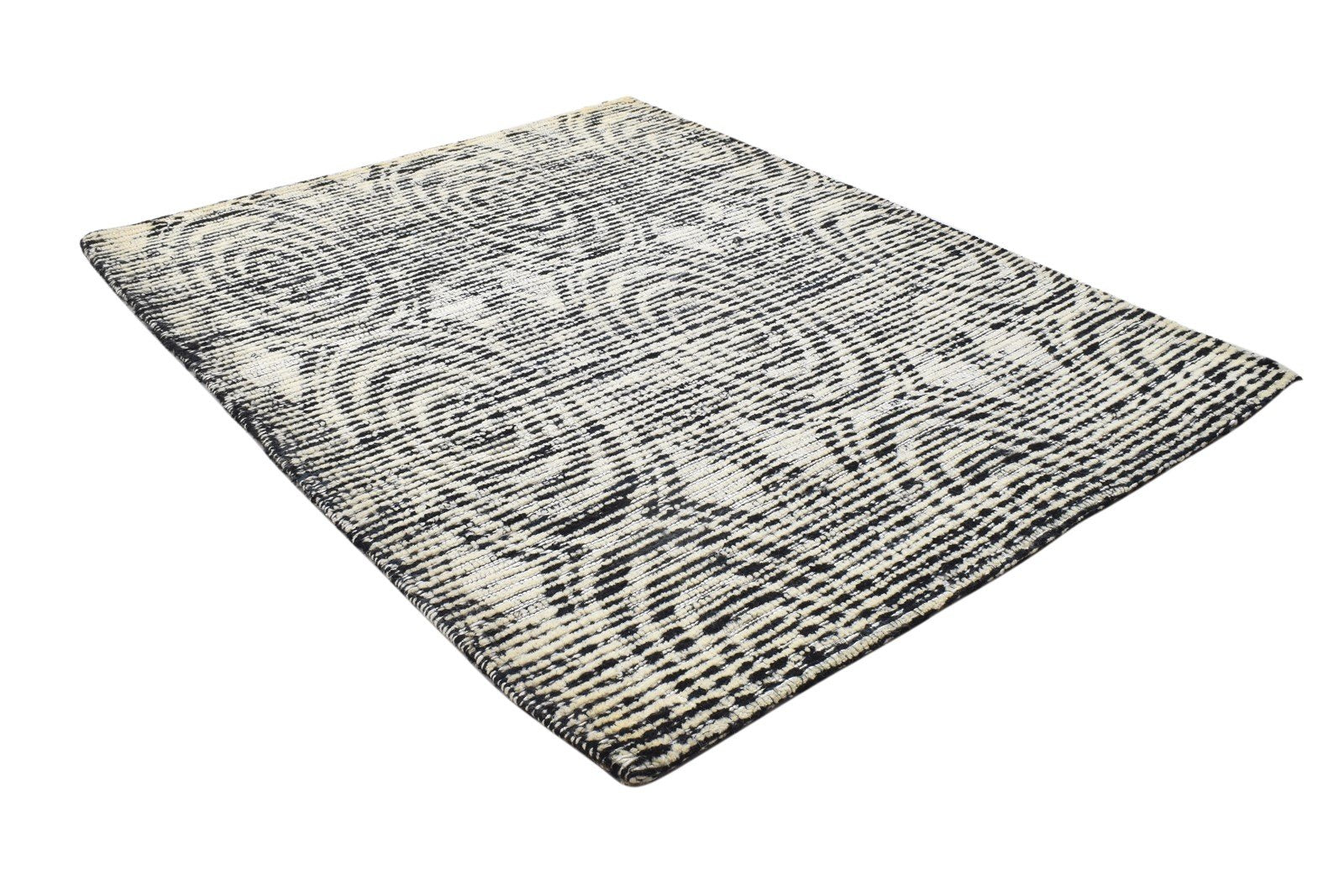 Black Wool / Silk Rug 3X3 Modern Hand Tufted Scandinavian Circles Small Carpet 7864817516693
