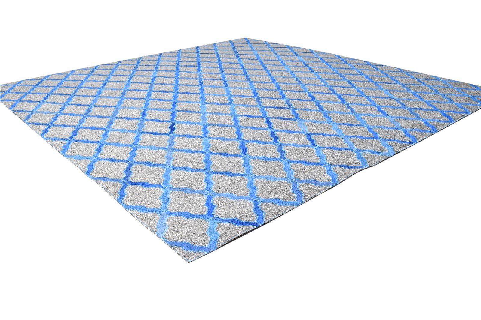 Blue Leather / Cotton Rug 6X6 Modern Hand Woven Moroccan Trellis Room Size 7864867160213