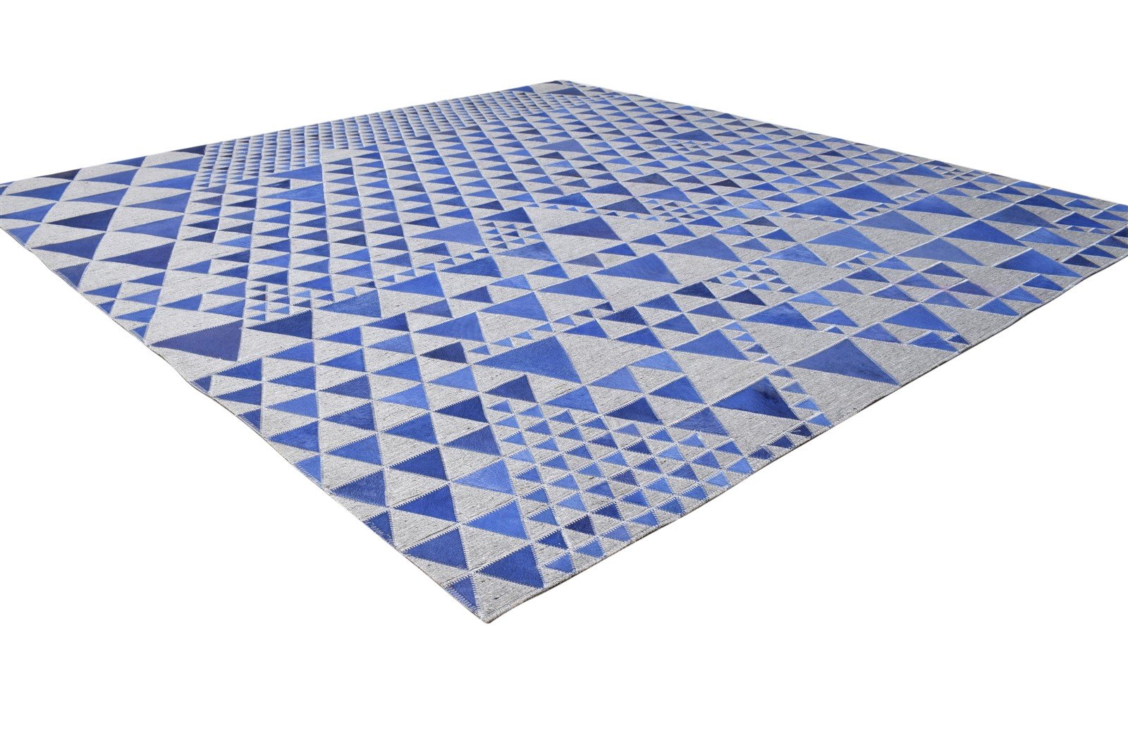 Blue Leather / Cotton Rug 6X6 Modern Hand Woven Scandinavian Triangles Room Size 7864936530069
