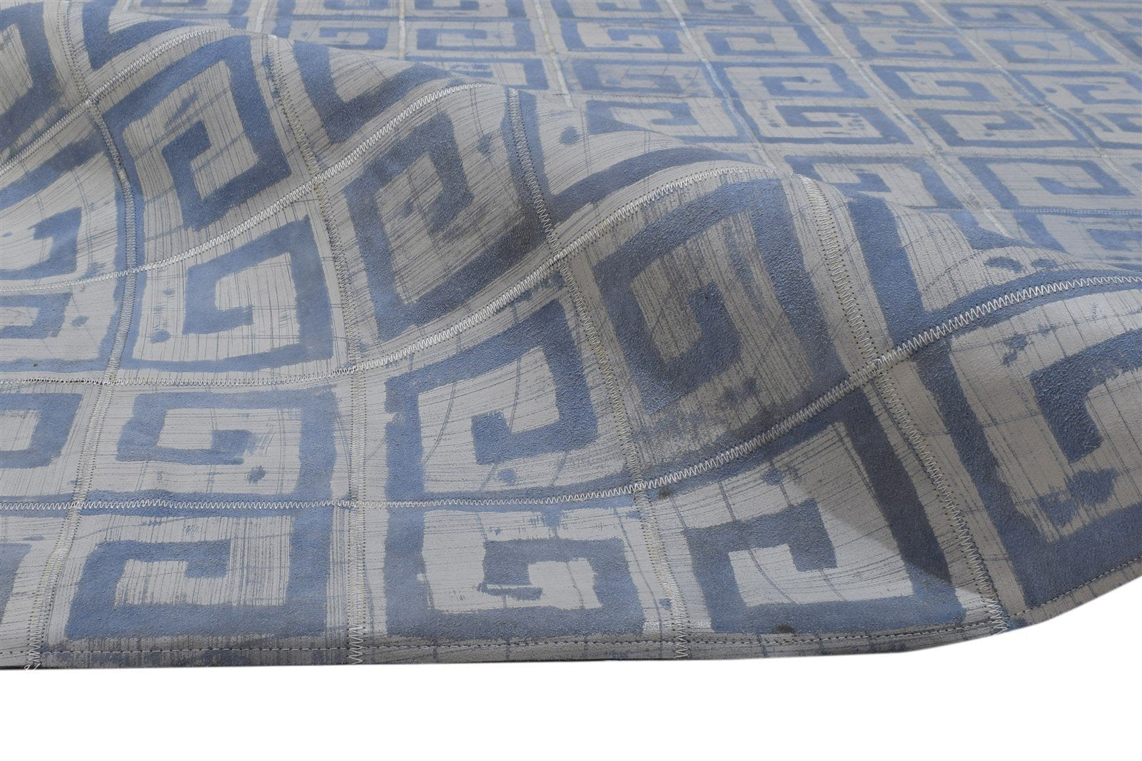 Blue Leather / Cotton Rug 8X10 Modern Hand Woven Moroccan Geometric Large Carpet 7864783175829