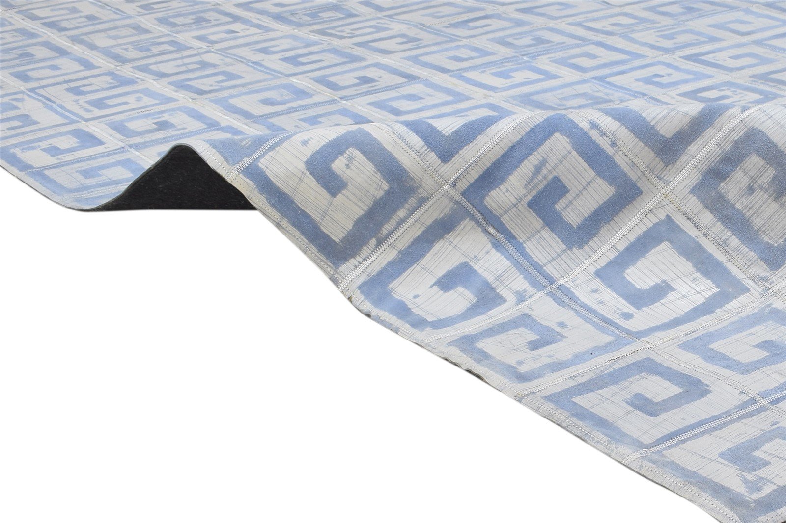 Blue Leather / Cotton Rug 8X10 Modern Hand Woven Moroccan Geometric Large Carpet 7864783175829