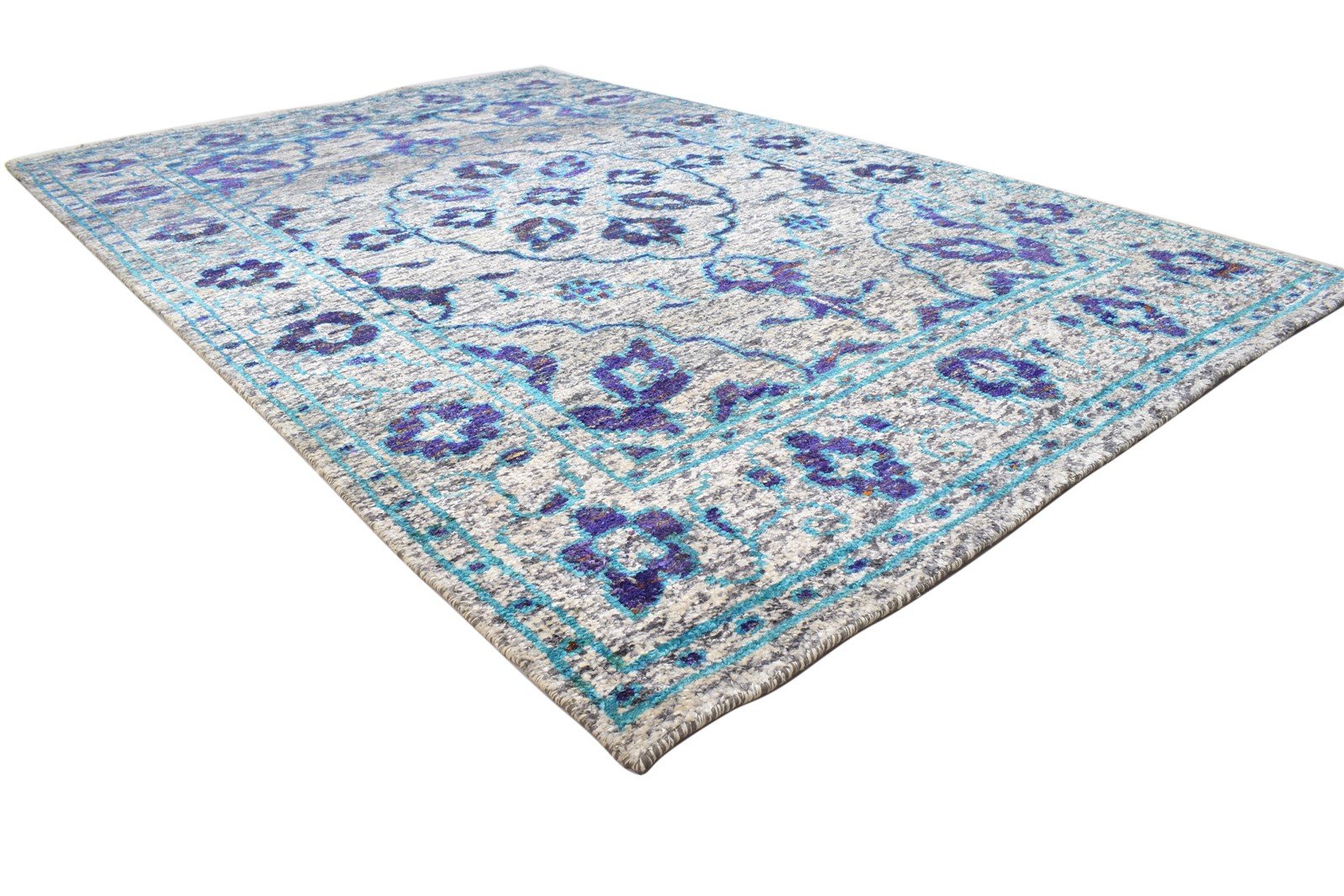 Kaia Blue Silk Rug 5' X 8' Modern Hand Knotted Bohemian Oriental 7864097734805