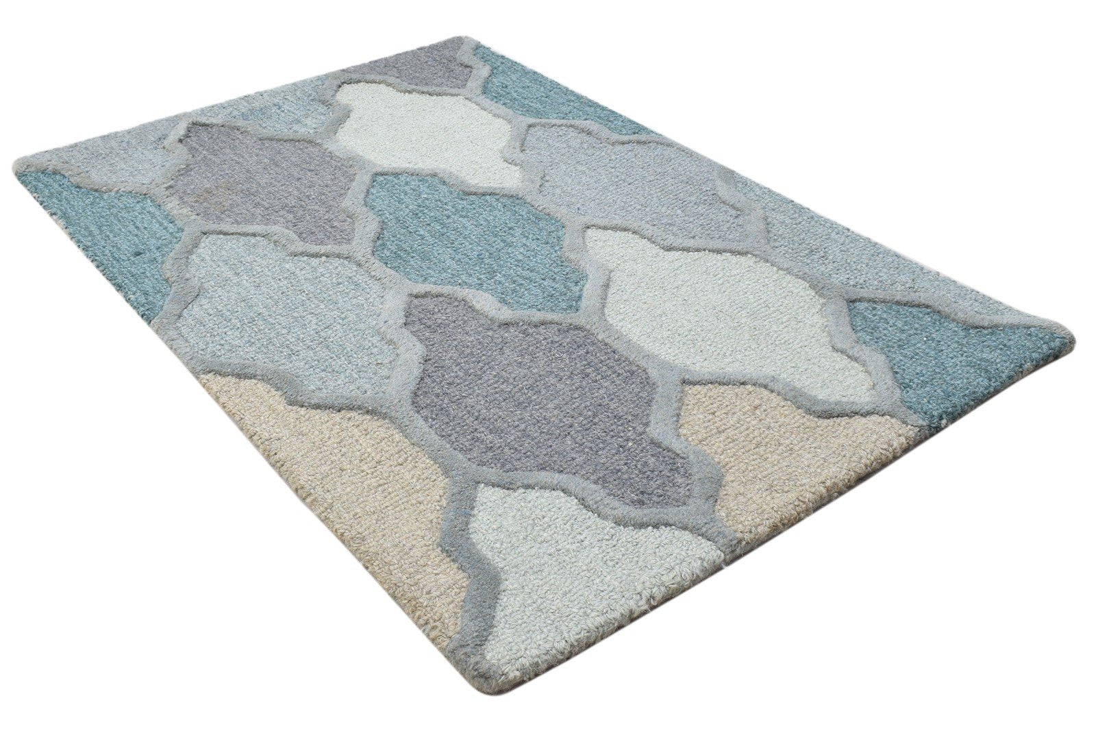Blue Wool Rug 2' X 3' Modern Hand Tufted Moroccan Trellis Small Carpet 7864138301589