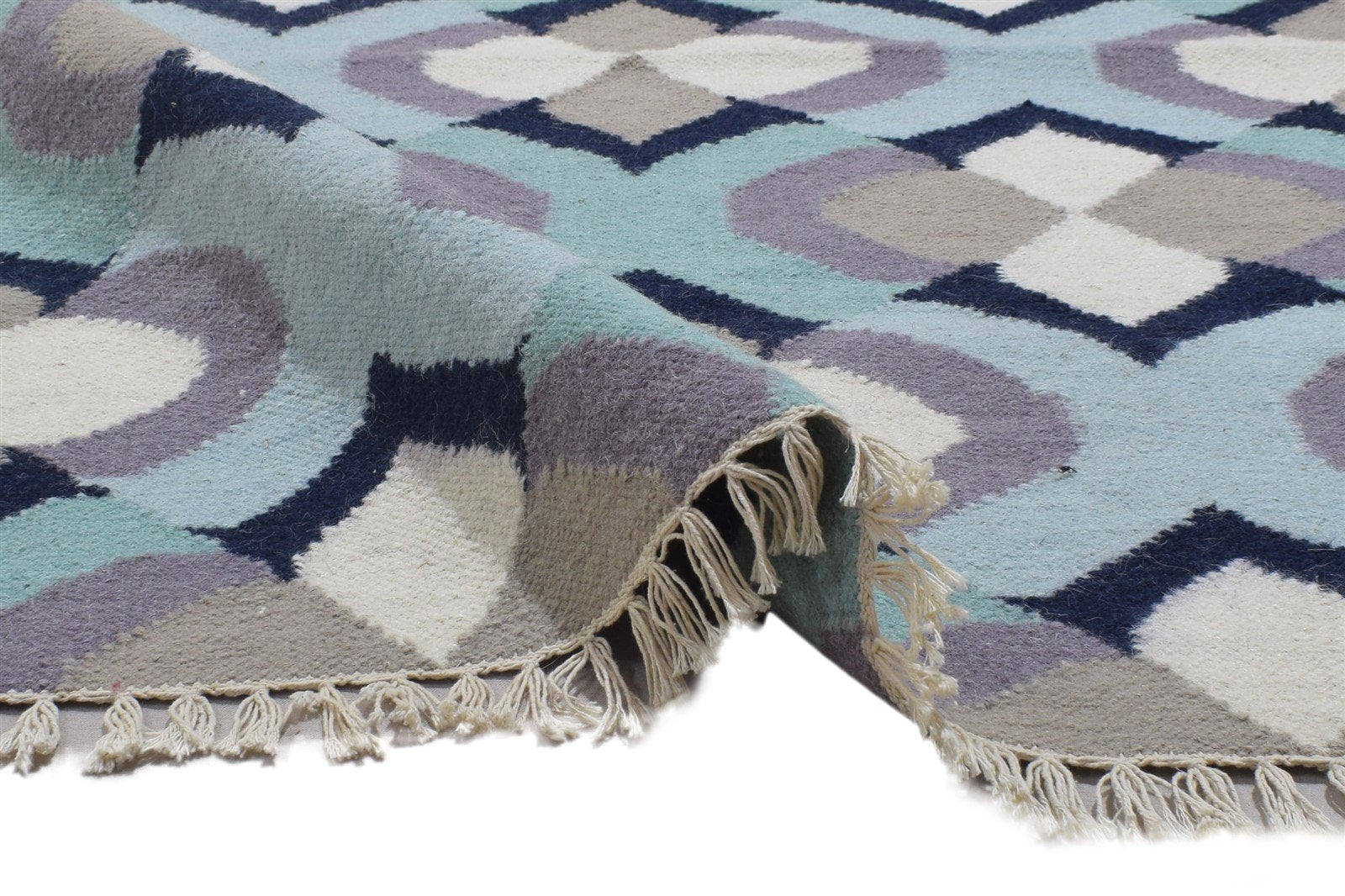 Blue Wool Rug 3' X 5' Modern Dhurrie Moroccan Abstract Small Carpet 7864381636757