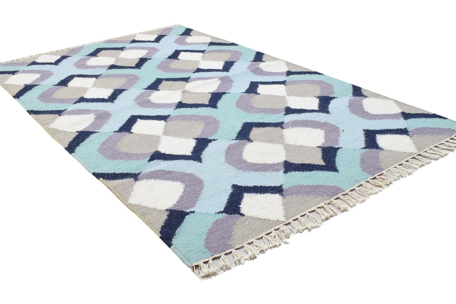 Blue Wool Rug 3' X 5' Modern Dhurrie Moroccan Abstract Small Carpet 7864381636757