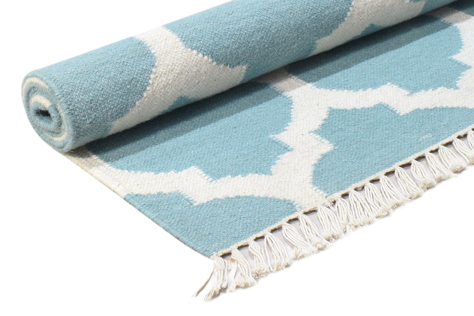 Blue Wool Rug 3' X 5' Modern Dhurrie Moroccan Scroll Tile Small Carpet 7865121407125