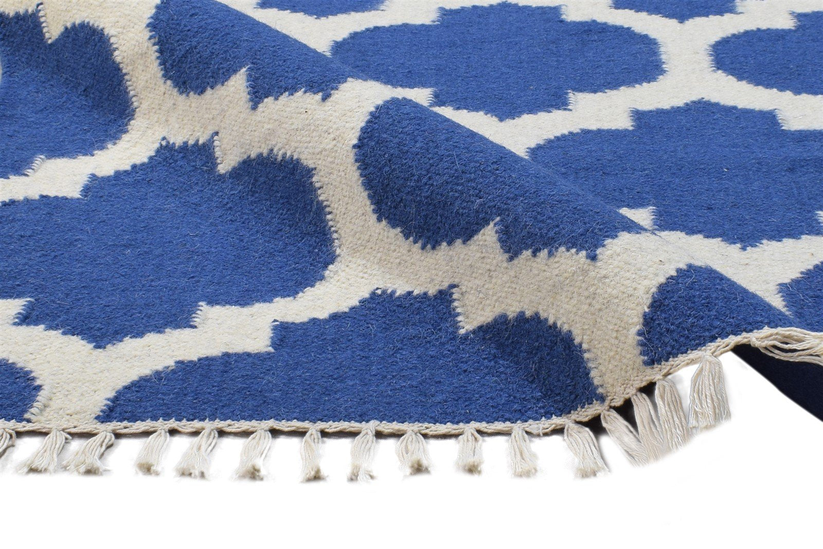 Blue Wool Rug 3' X 5' Modern Dhurrie Moroccan Scroll Tile Small Carpet 7865121931413
