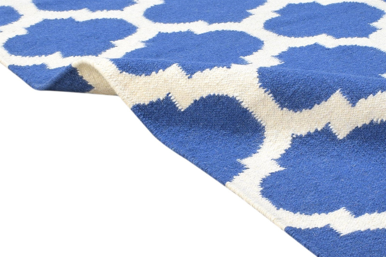 Blue Wool Rug 3' X 5' Modern Dhurrie Moroccan Scroll Tile Small Carpet 7865121931413