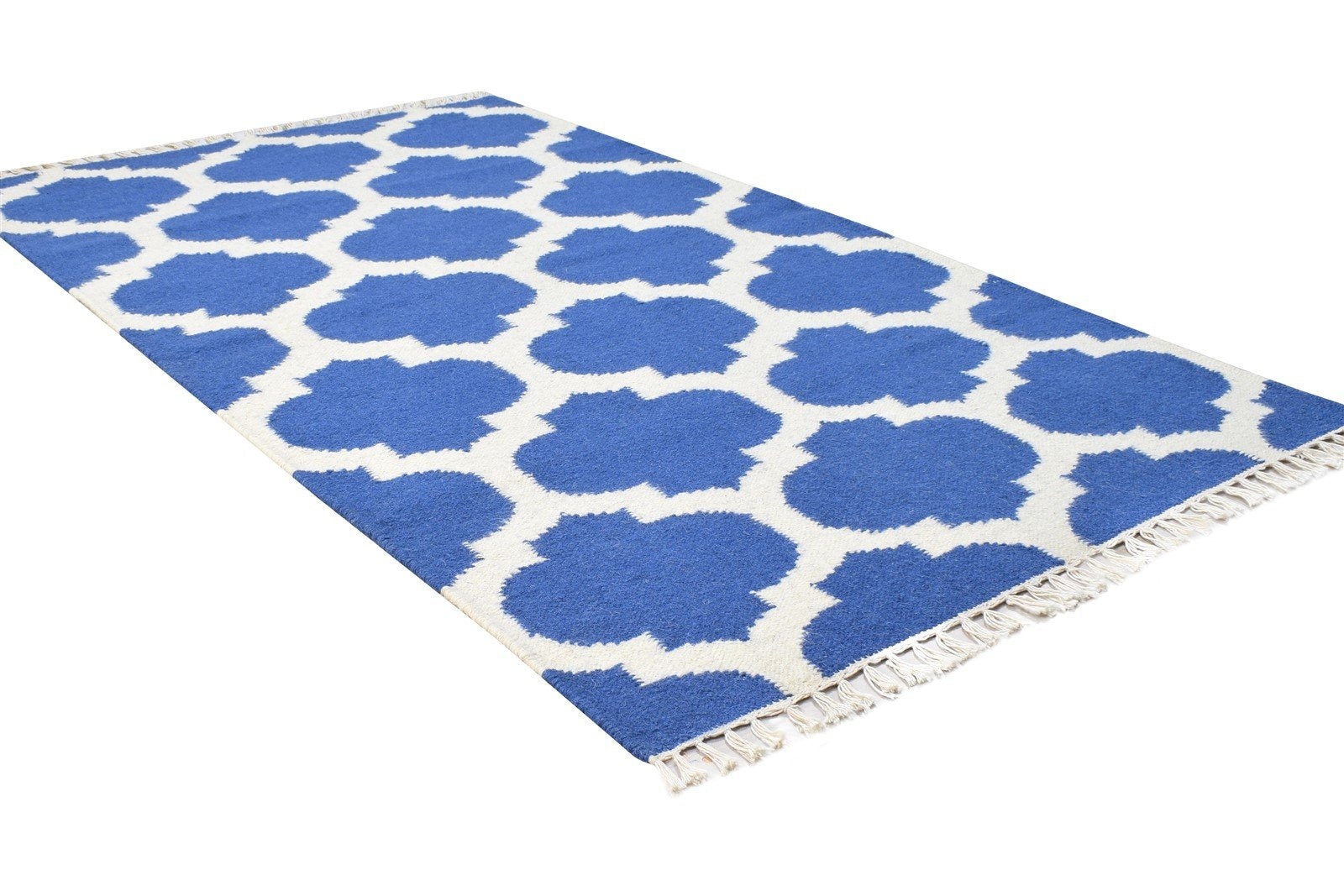 Blue Wool Rug 3' X 5' Modern Dhurrie Moroccan Scroll Tile Small Carpet 7865121931413