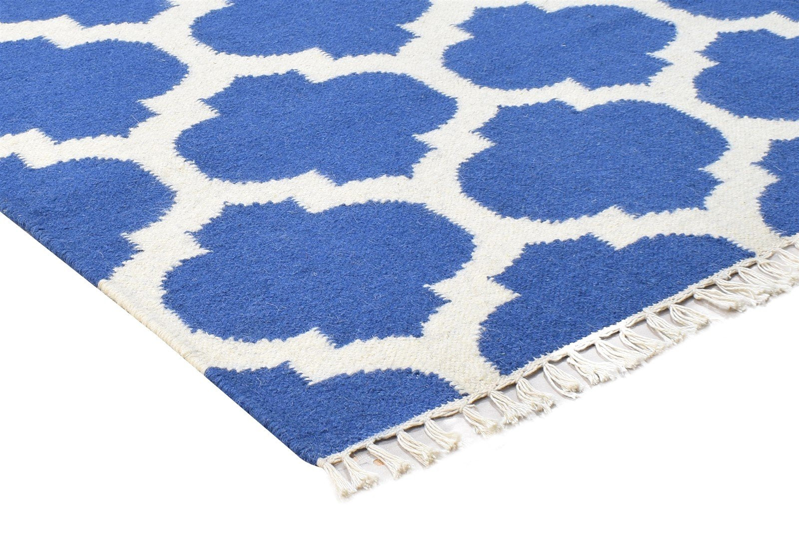 Blue Wool Rug 3' X 5' Modern Dhurrie Moroccan Scroll Tile Small Carpet 7865121931413