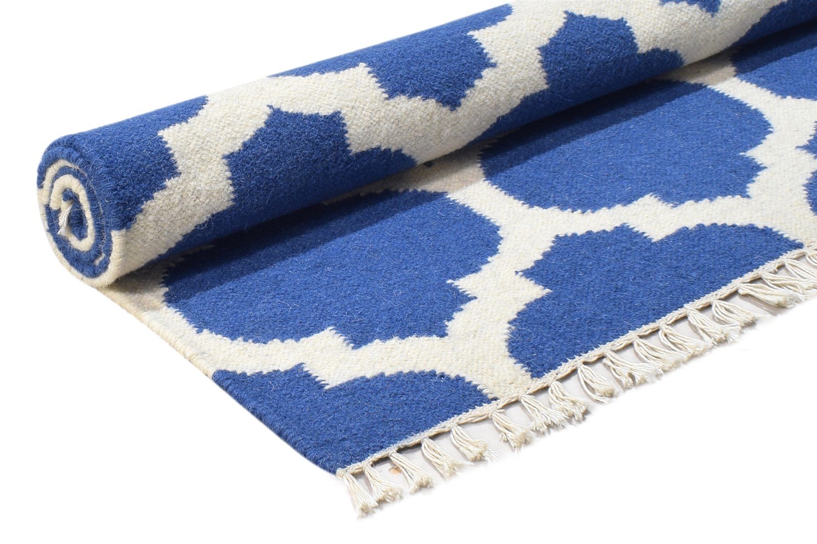 Blue Wool Rug 3' X 5' Modern Dhurrie Moroccan Scroll Tile Small Carpet 7865121931413