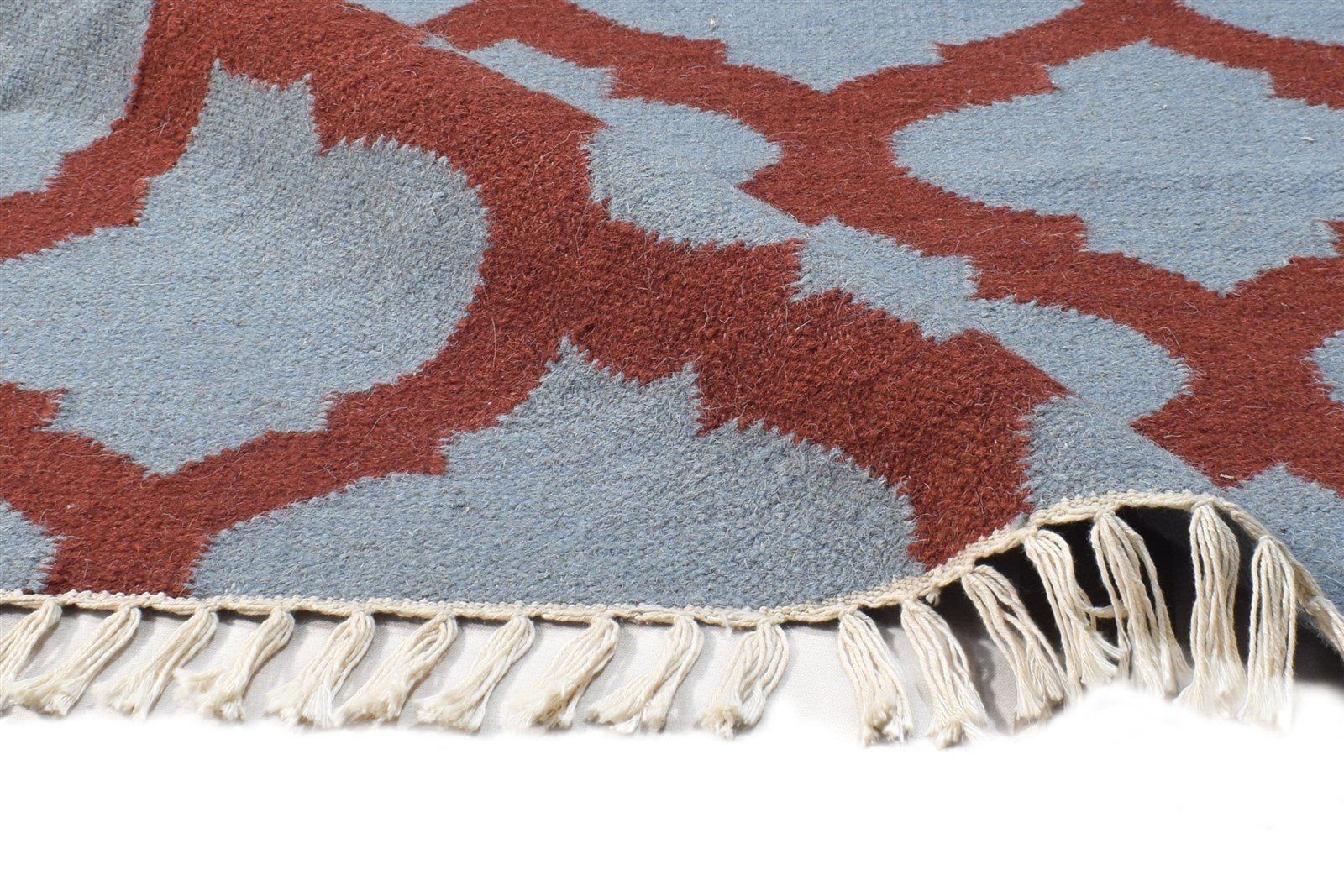 Blue Wool Rug 3' X 5' Modern Dhurrie Moroccan Scroll Tile Small Carpet 7865123897493