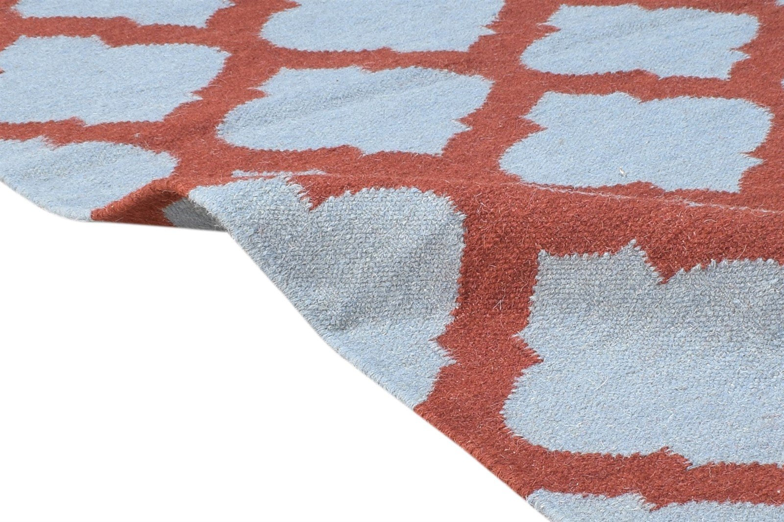 Blue Wool Rug 3' X 5' Modern Dhurrie Moroccan Scroll Tile Small Carpet 7865123897493