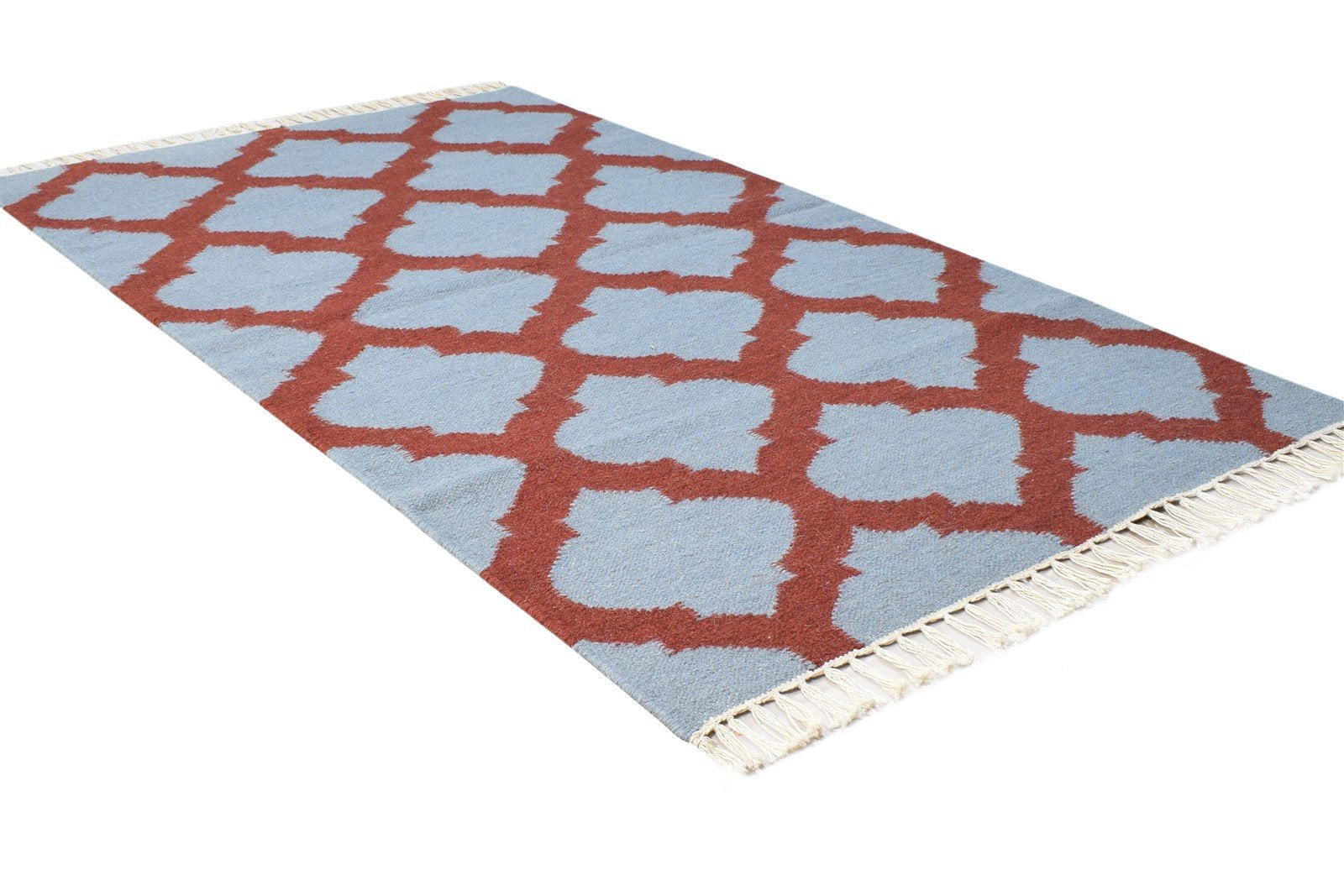 Blue Wool Rug 3' X 5' Modern Dhurrie Moroccan Scroll Tile Small Carpet 7865123897493