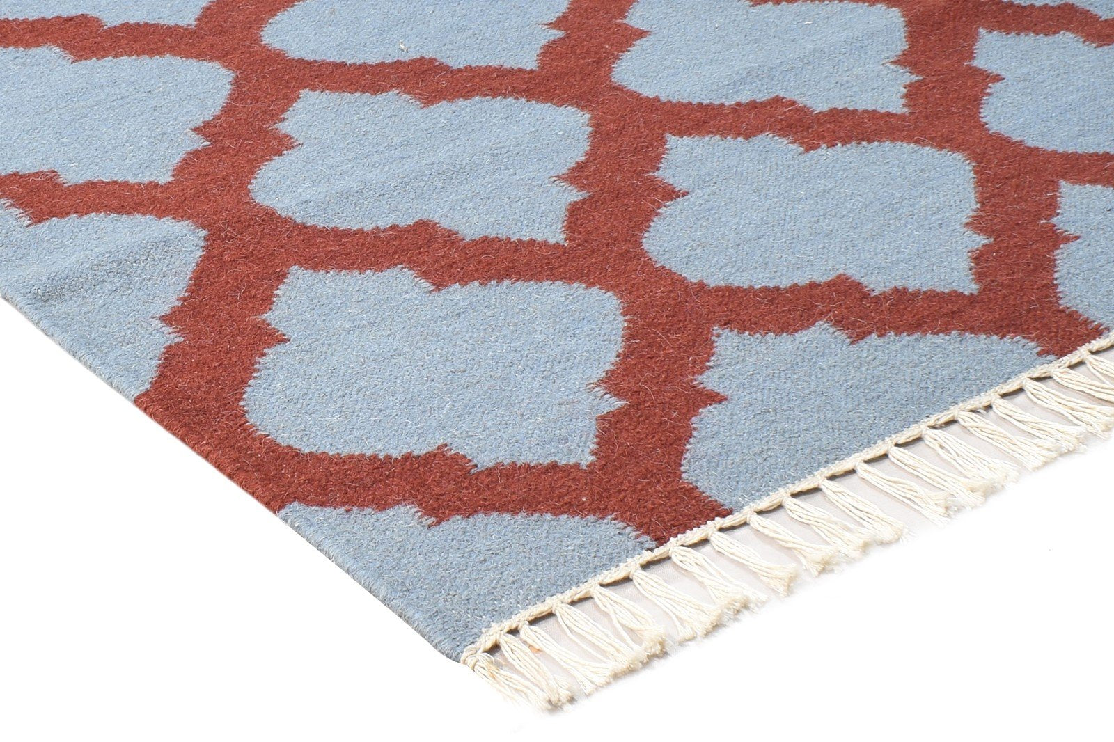 Blue Wool Rug 3' X 5' Modern Dhurrie Moroccan Scroll Tile Small Carpet 7865123897493