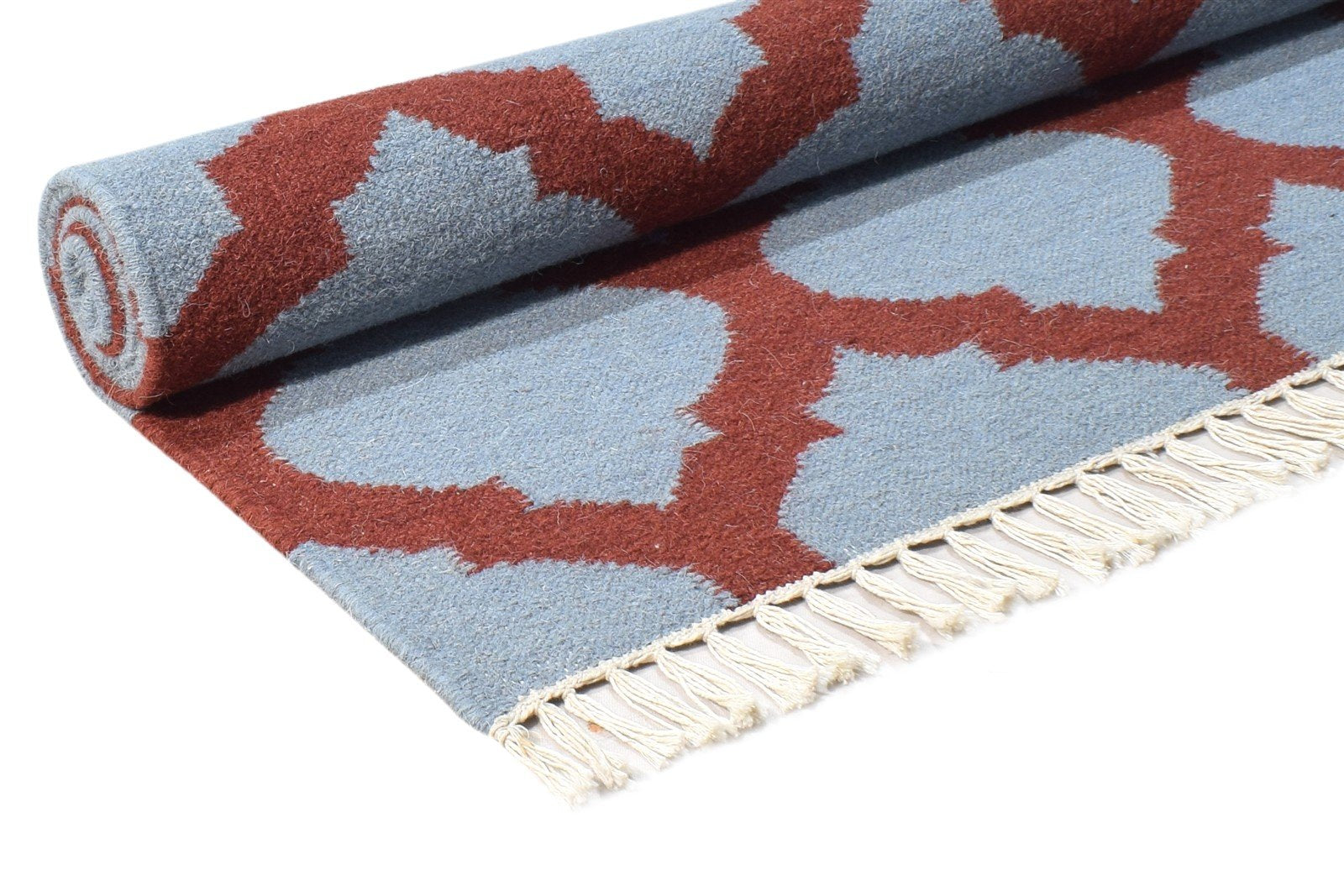 Blue Wool Rug 3' X 5' Modern Dhurrie Moroccan Scroll Tile Small Carpet 7865123897493