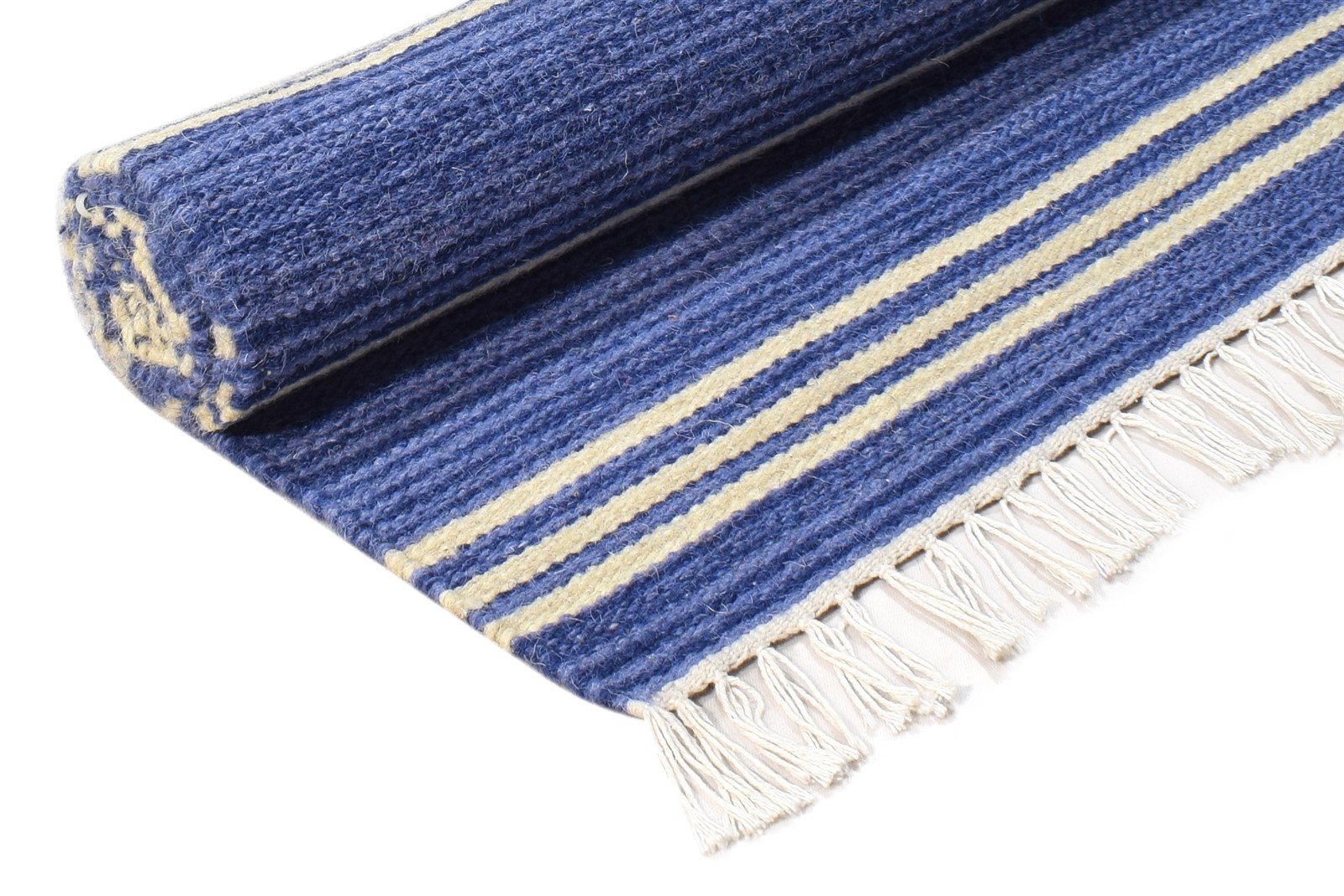 Adel Blue Wool Rug 4' X 6' Modern Dhurrie Bohemian Striped 7865000951957