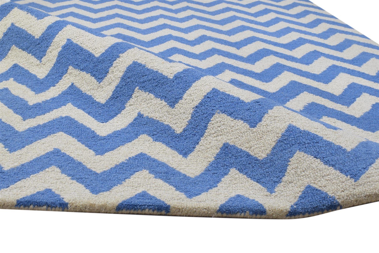 Blue Wool Rug 4' X 6' Modern Hand Tufted Scandinavian Chevron Room Size Carpet 7864303059093