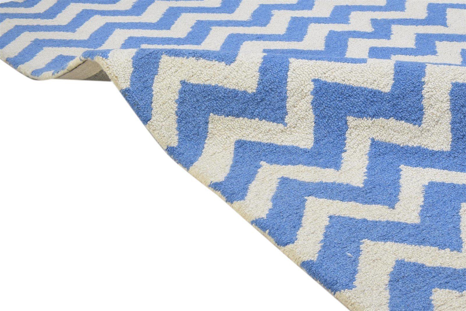 Blue Wool Rug 4' X 6' Modern Hand Tufted Scandinavian Chevron Room Size Carpet 7864303059093