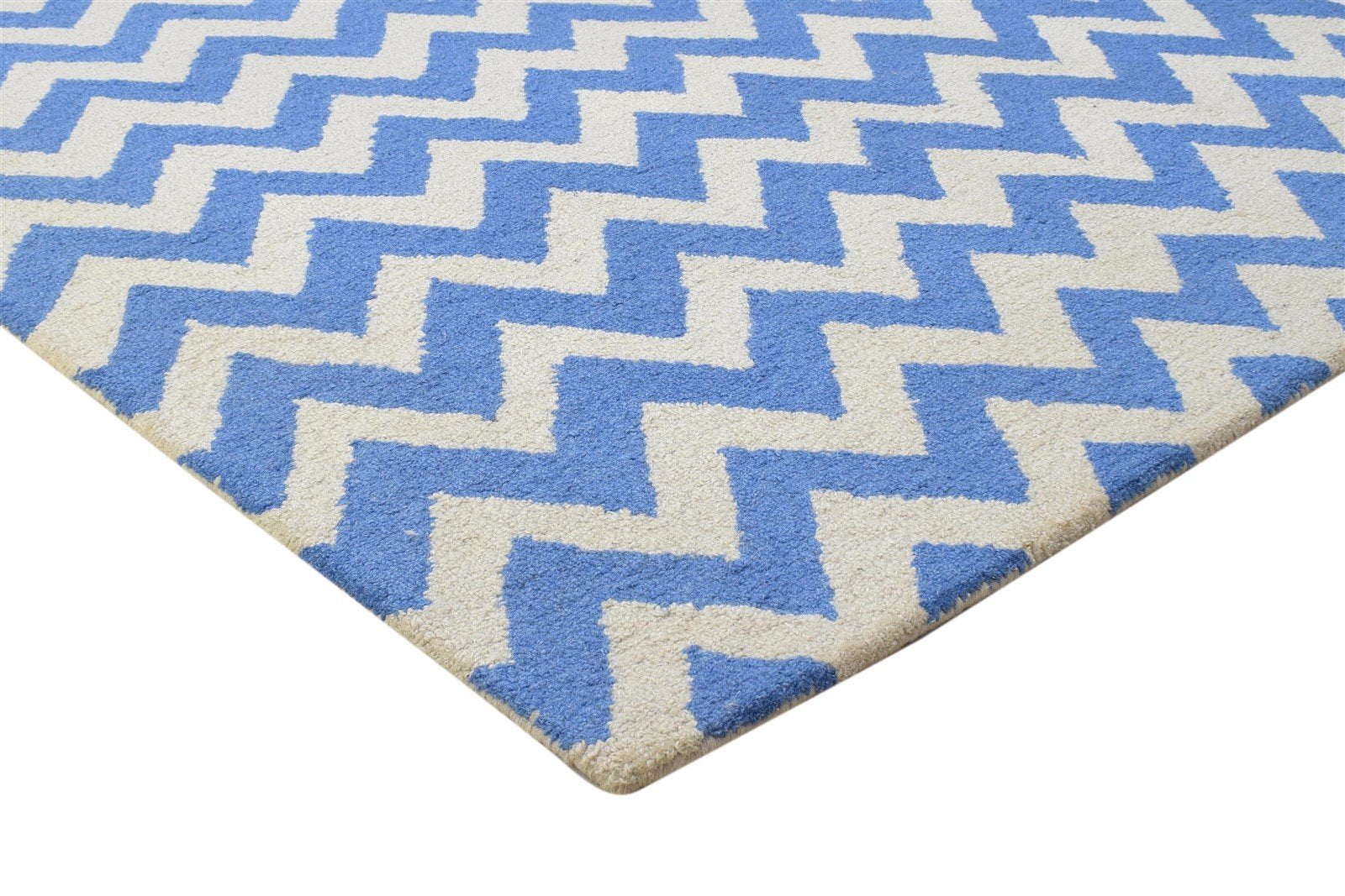 Blue Wool Rug 4' X 6' Modern Hand Tufted Scandinavian Chevron Room Size Carpet 7864303059093