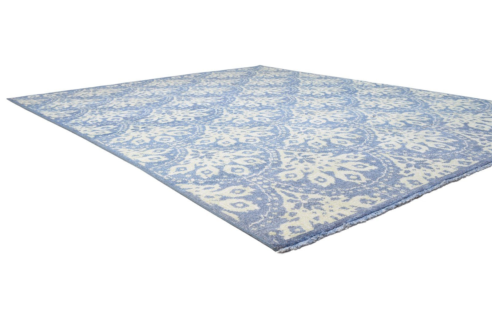Blue Wool Rug 8' X 10' Modern Hand Knotted Moroccan Damask Large Carpet 7864170184853