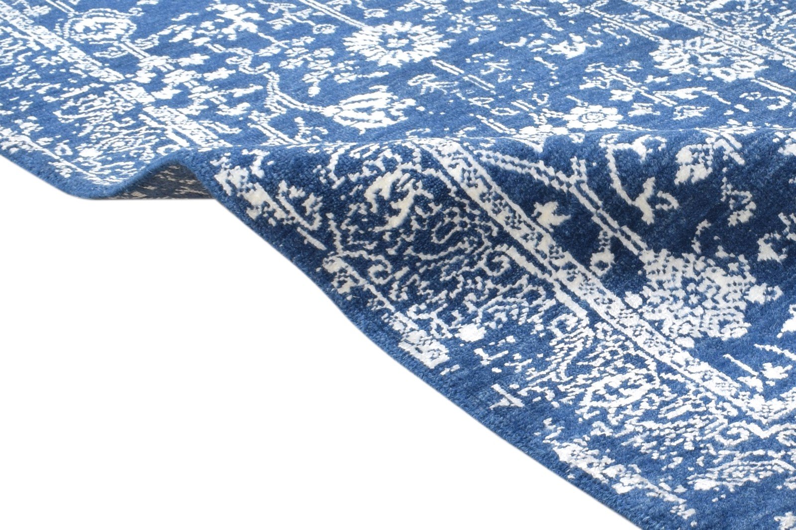 Blue Wool / Silk Rug 2' X 6' Modern Hand Knotted Oushak Abstract Small Runner 7865148637333