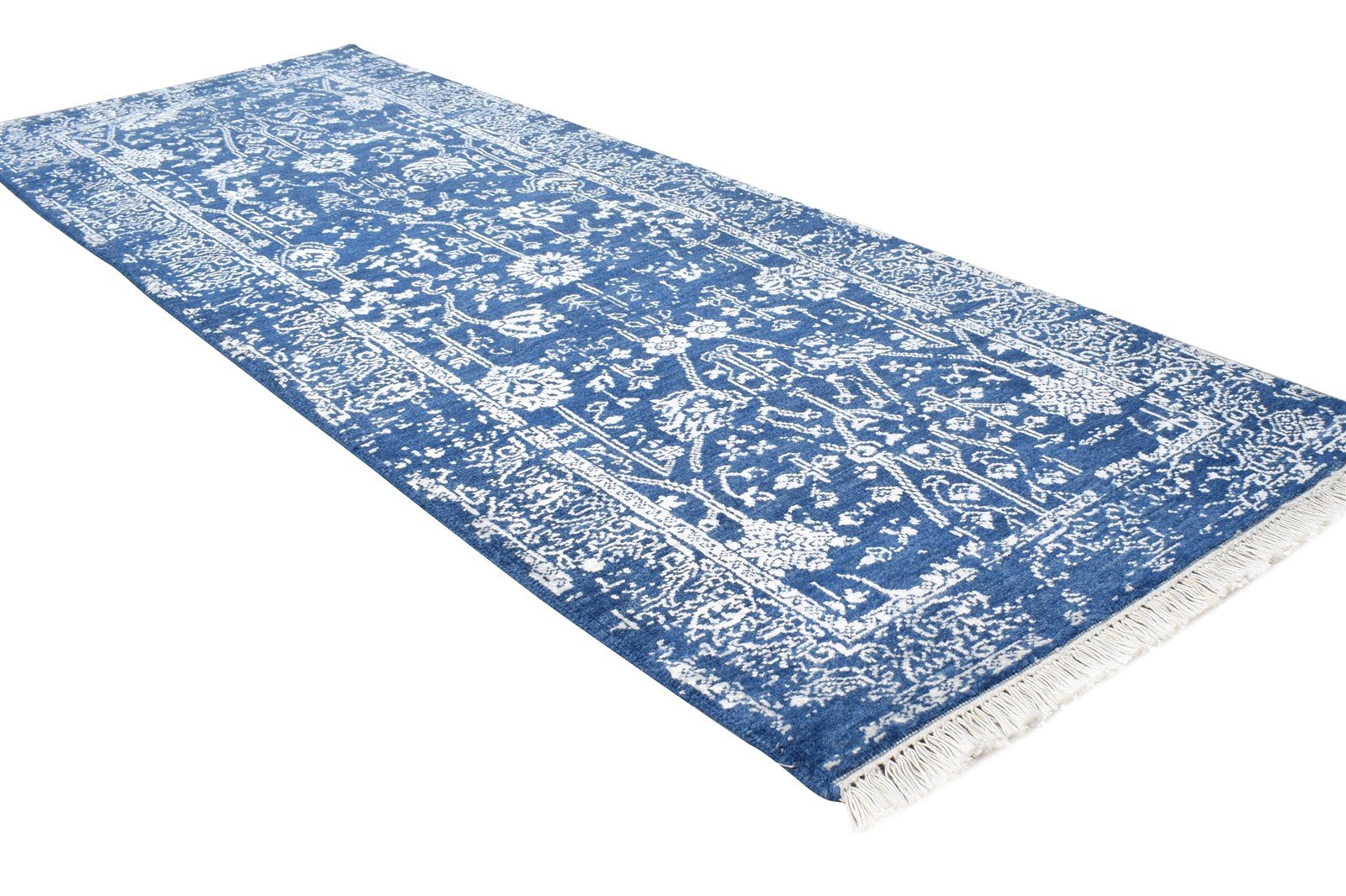 Blue Wool / Silk Rug 2' X 6' Modern Hand Knotted Oushak Abstract Small Runner 7865148637333