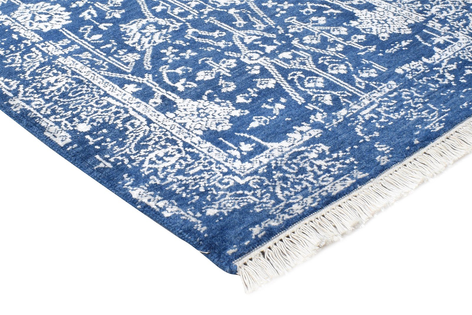 Blue Wool / Silk Rug 2' X 6' Modern Hand Knotted Oushak Abstract Small Runner 7865148637333