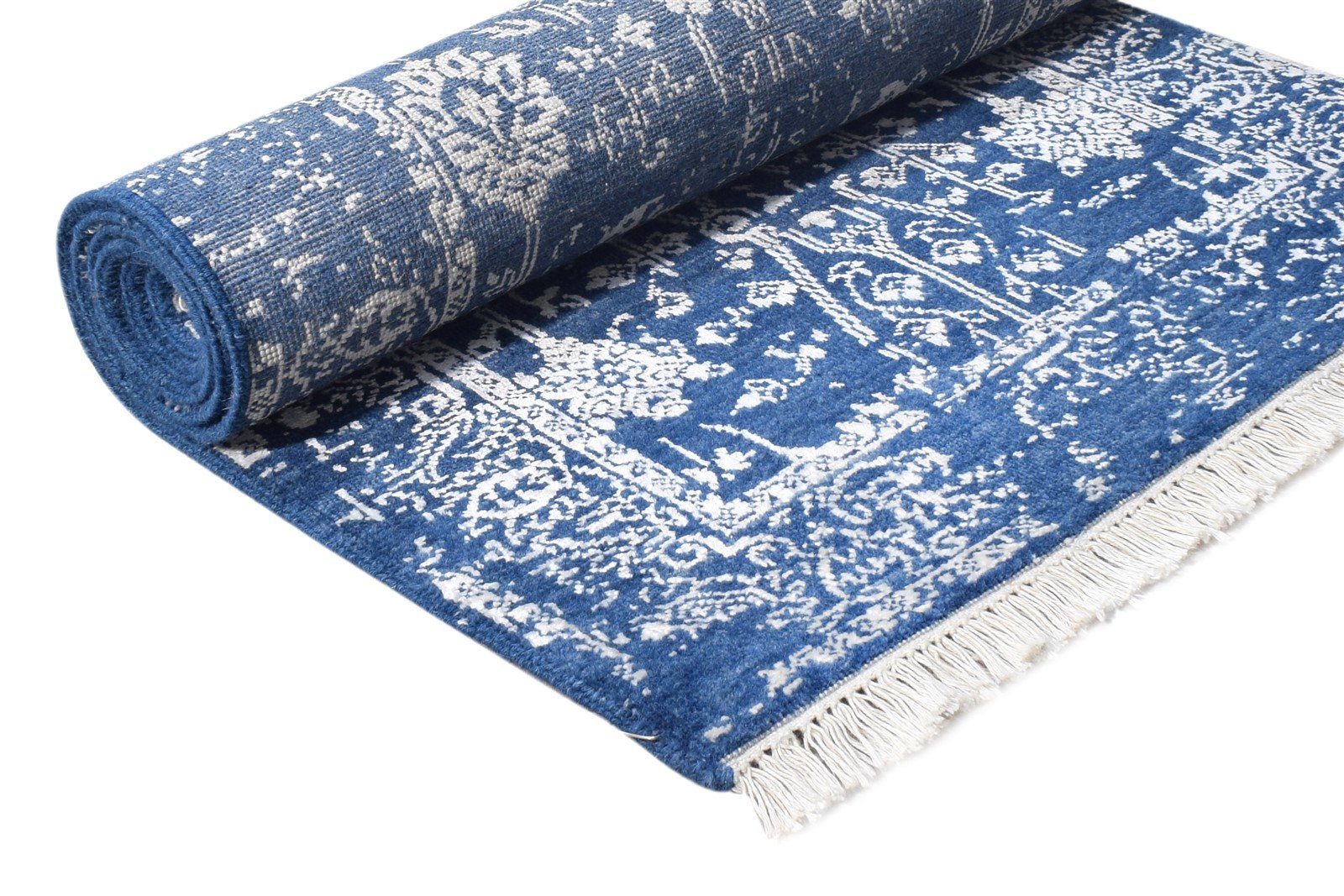 Blue Wool / Silk Rug 2' X 6' Modern Hand Knotted Oushak Abstract Small Runner 7865148637333